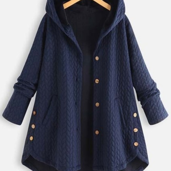 Cellabie Tops - Cable-knit hooded button-up swing coat